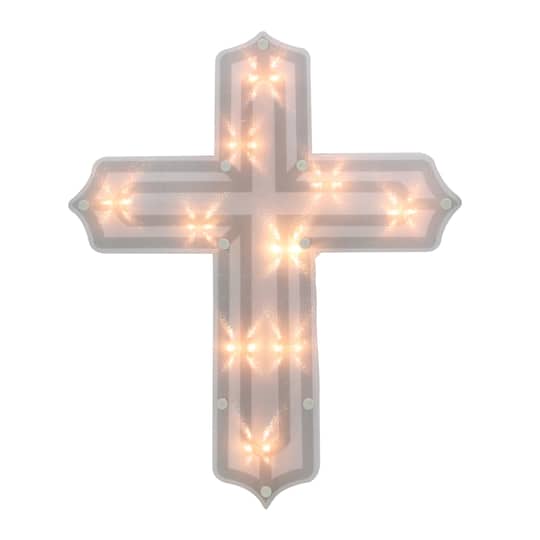 14&#x22; White Lighted Religious Cross Easter Window Silhouette Decoration